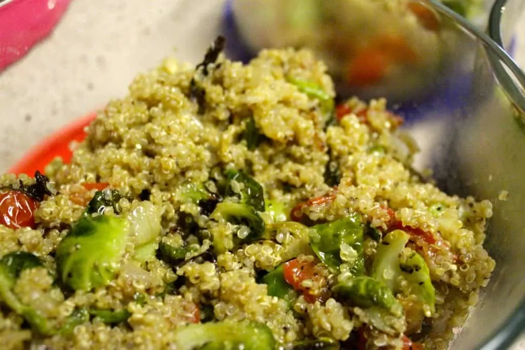 Quinoa with Truffle Brussel Sprouts, Burst Tomatoes, and Caramelized Onions - Charleston Crafted