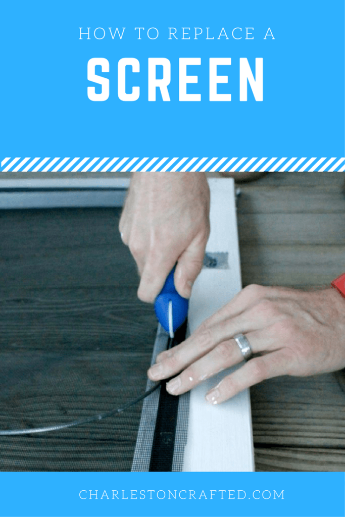 how to replace a screen on a screened door or window - super simple way to repair screens after your dog rips them! Charleston Crafted