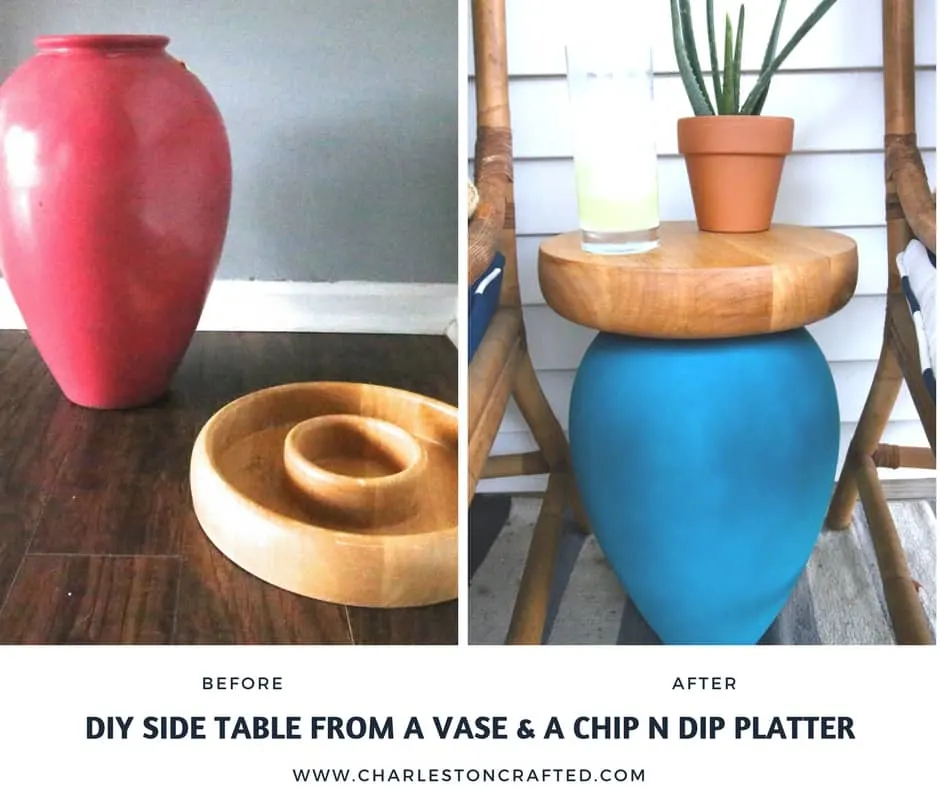 Thrift Games: Upcycling a Vase & Chips and Salsa Tray into a Porch Side Table - Charleston Crafted