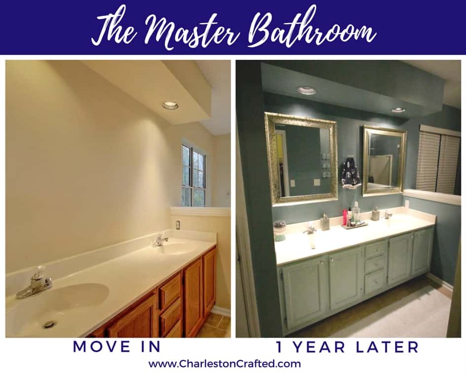 Master Bath room at move in and one year later - Charleston Crafted