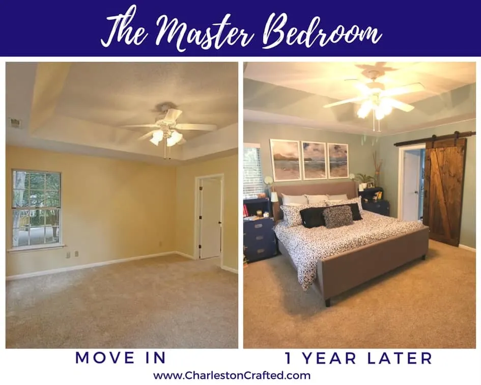 master bedroom  at move in and one year later - Charleston Crafted