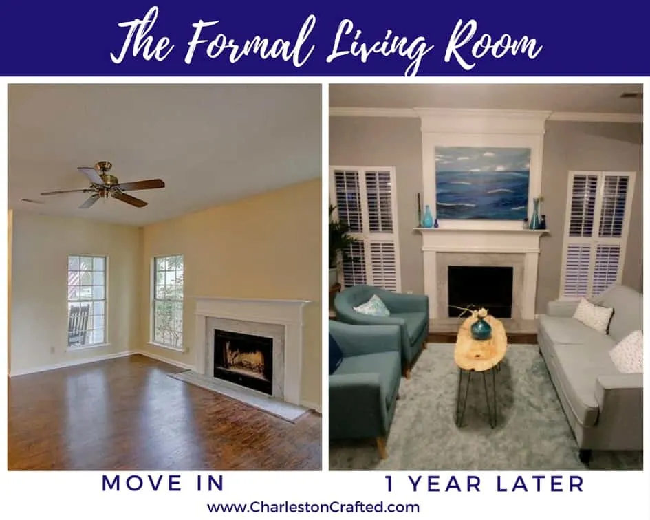 Front Room formal living room at move in and one year later - Charleston Crafted