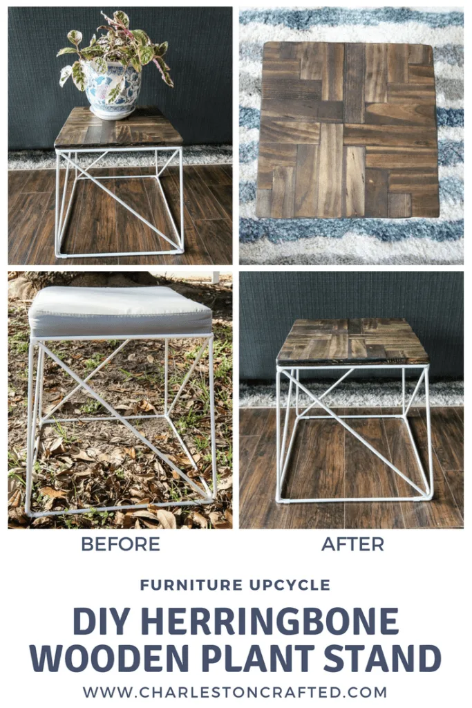 Furniture Flip Upholstered Stool to Herringbone Wooden Plant Stand
