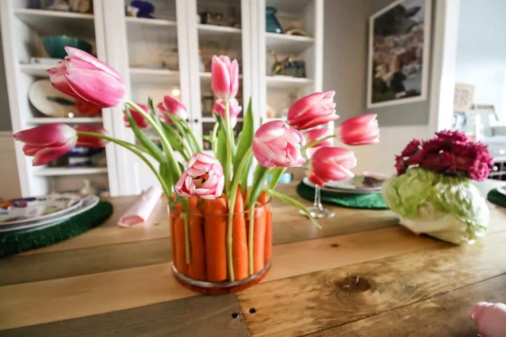 Easter Tablescape with Carrot and Lettuce Centerpieces via Charleston Crafted