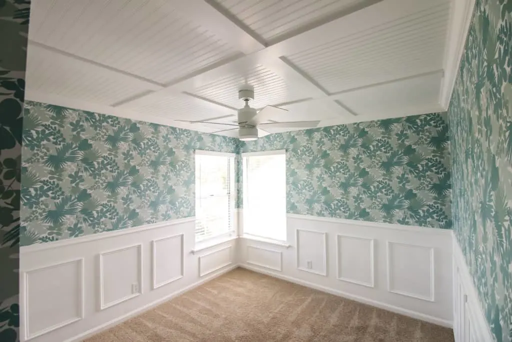 DIY Coffered Ceiling (green wallpaper with white walls and ceiling)