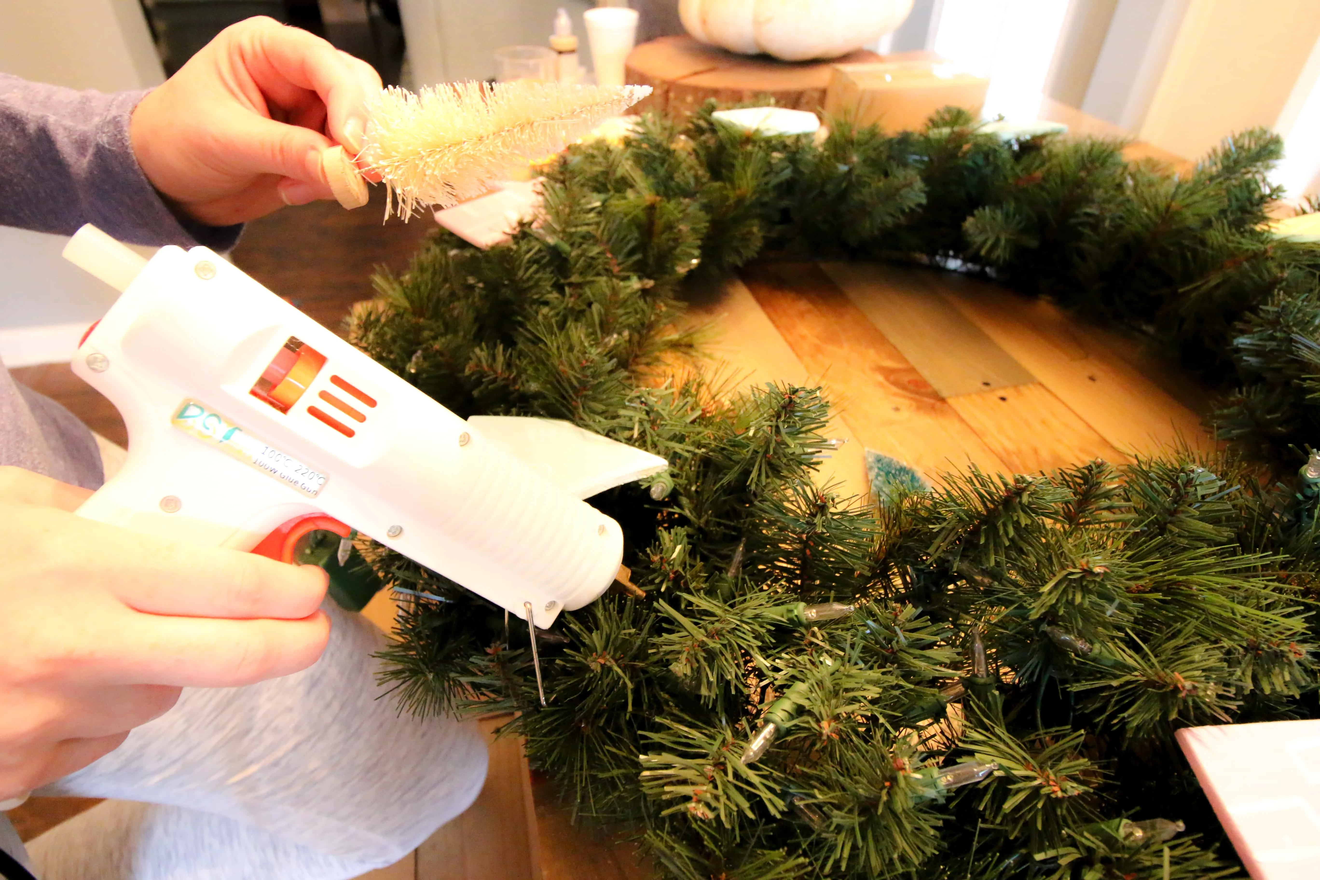 DIY Bottle Brush & Wooden House Christmas Wreath