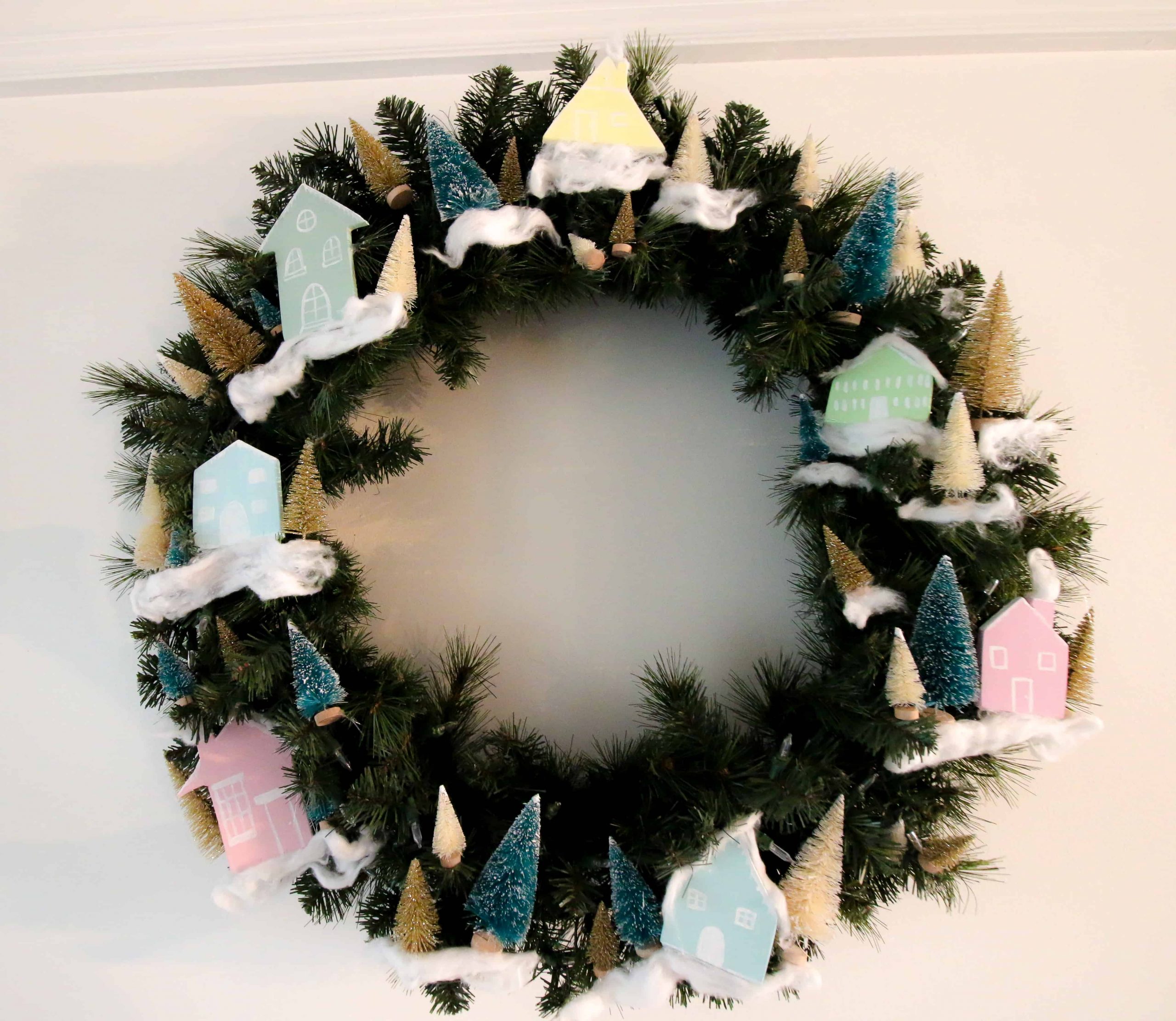 DIY Bottle Brush & Wooden House Christmas Wreath