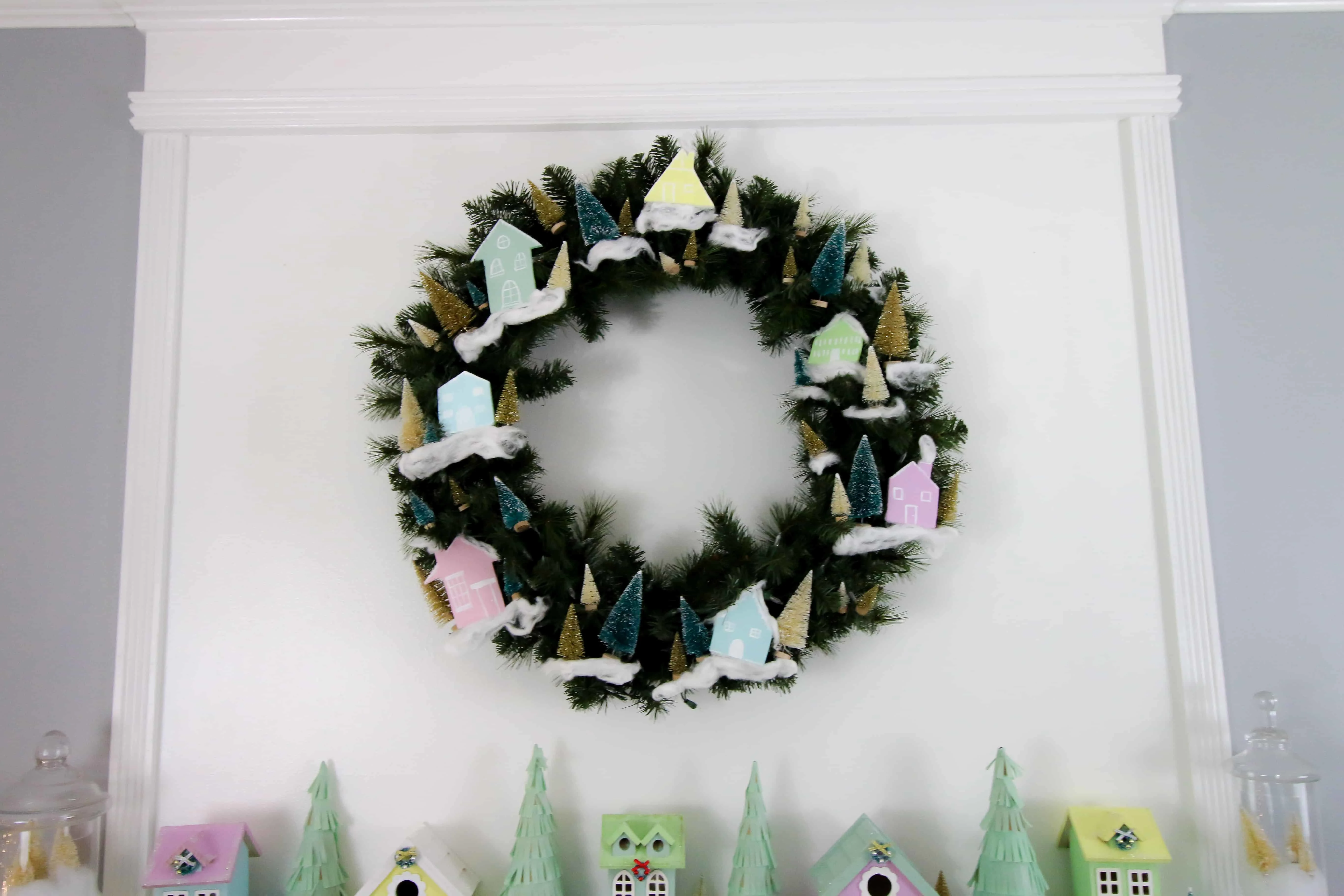 DIY Bottle Brush & Wooden House Christmas Wreath