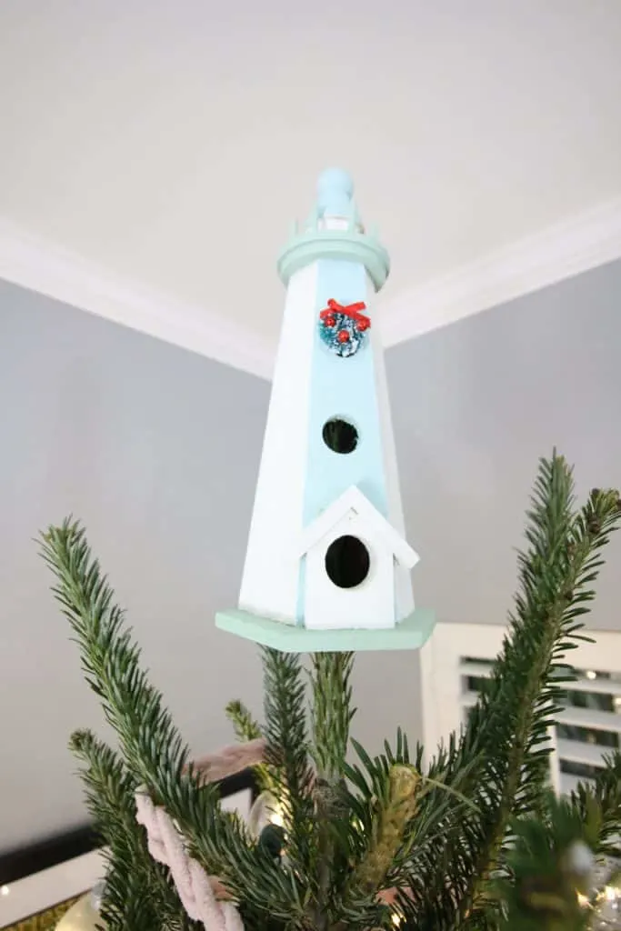 Wooden Lighthouse tree topper for a beach coastal Christmas Tree