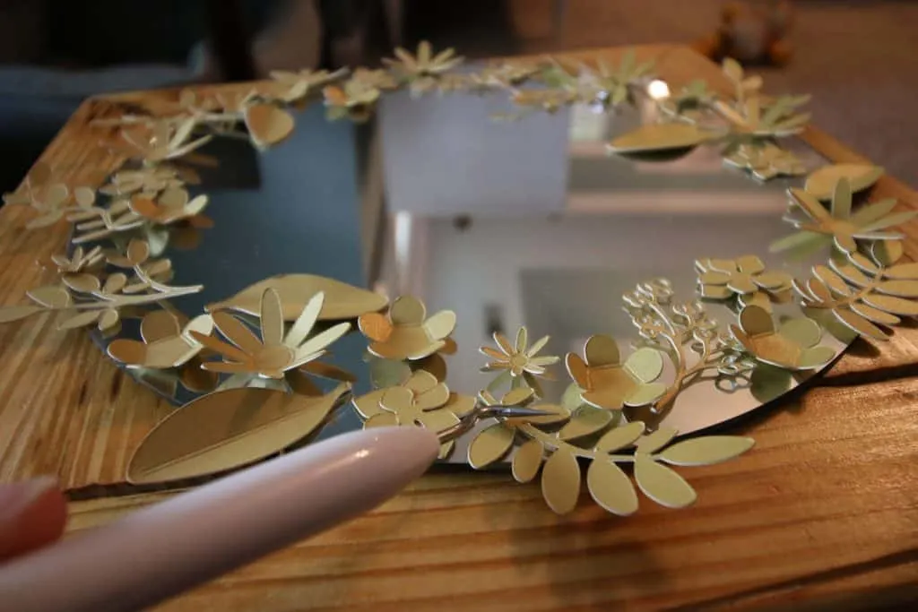 DIY Gold Flower Framed Mirror (made from paper flowers cut with my Cricut!)