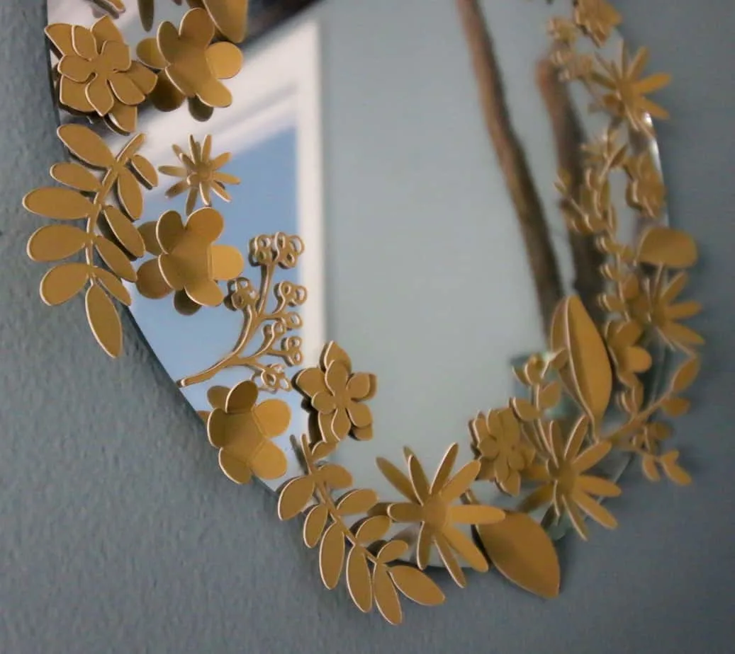 DIY Gold Flower Framed Mirror (made from paper flowers cut with my Cricut!)