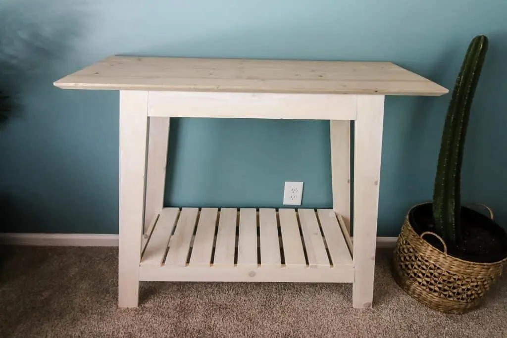 Wide shot of DIY coastal console table