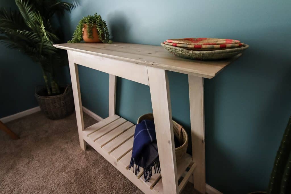 Angled shot of DIY coastal console table