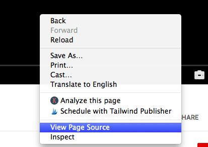 how to use view page source to see tags in a youtube video