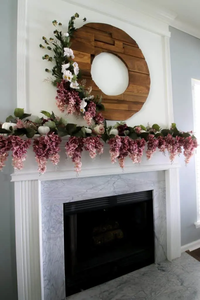 Fall Mantel Decor with Purple Florals