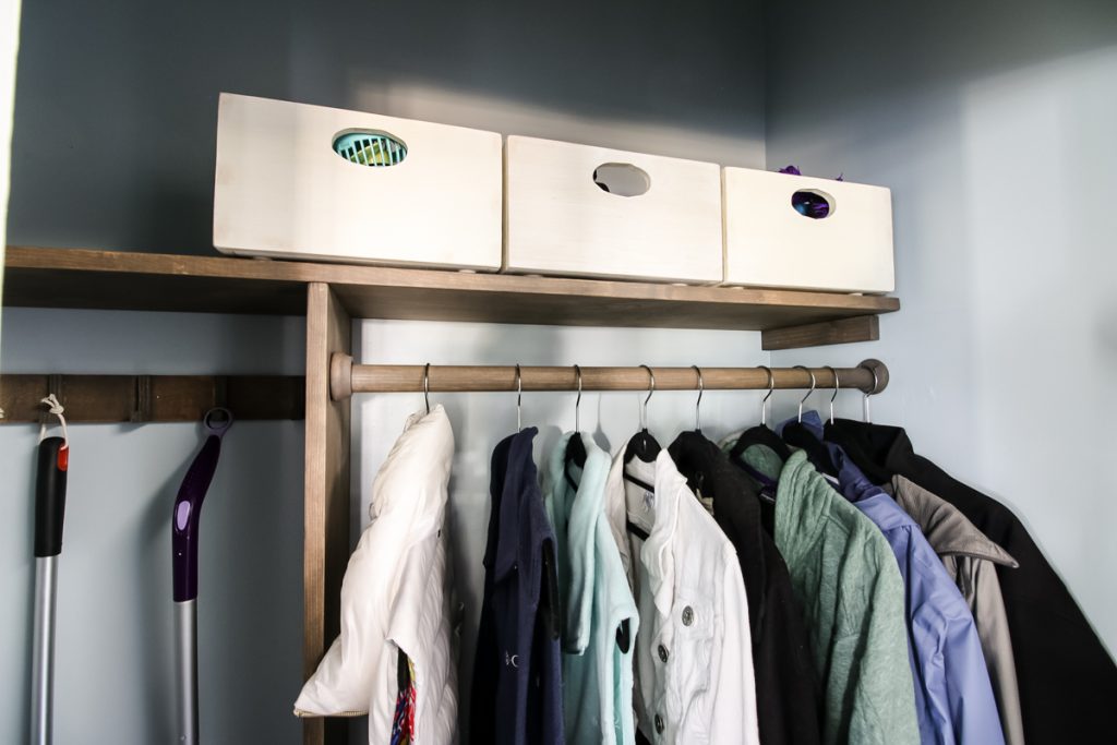 DIY wooden bins in top of closet