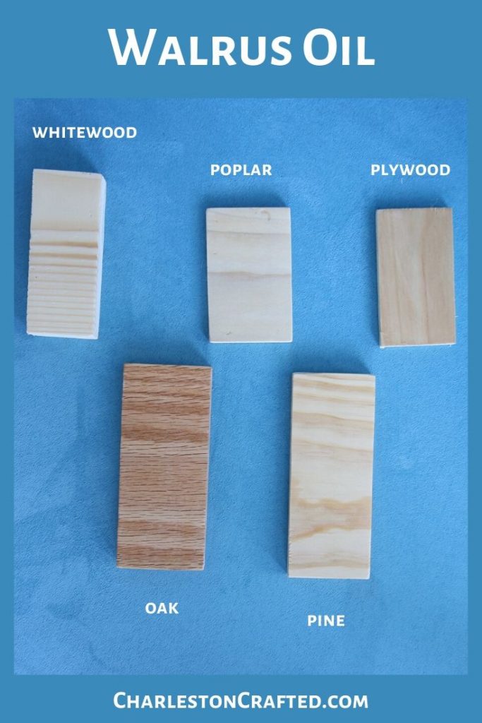 Walrus Oil on five types of wood - pine, plywood, oak, whitewood, poplar