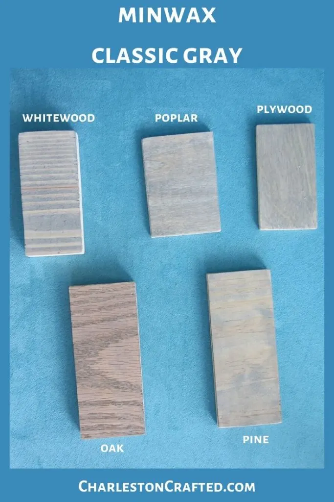 minwax classic gray wood stain on white wood, poplar, pine, oak, plywood