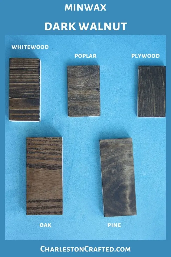 minwax dark walnut wood stain on white wood, poplar, pine, oak, plywood
