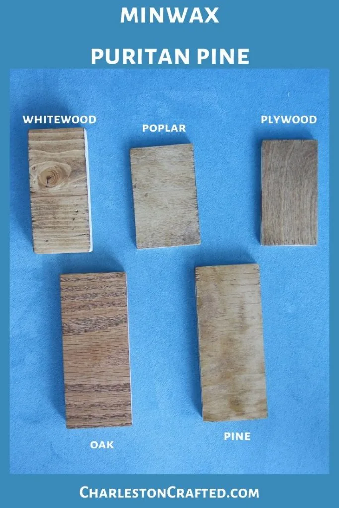 minwax puritan pine wood stain on white wood, poplar, pine, oak, plywood