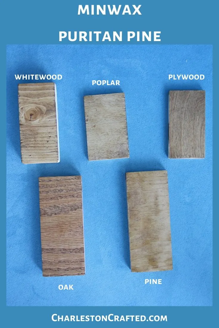 minwax puritan pine wood stain on white wood, poplar, pine, oak, plywood