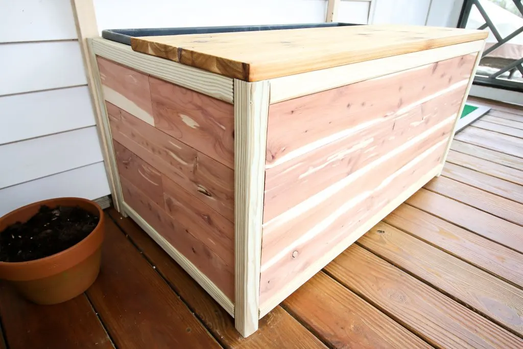 DIY planter bench with trellis and storage
