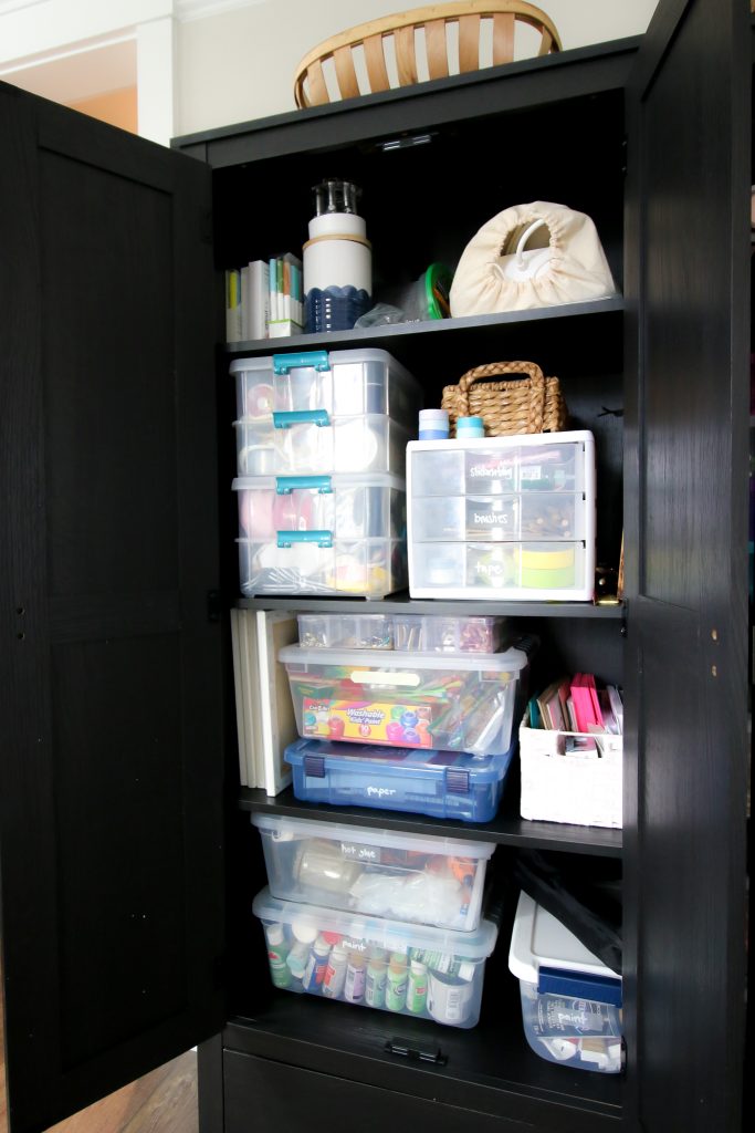 craft supplies inside a storage bin