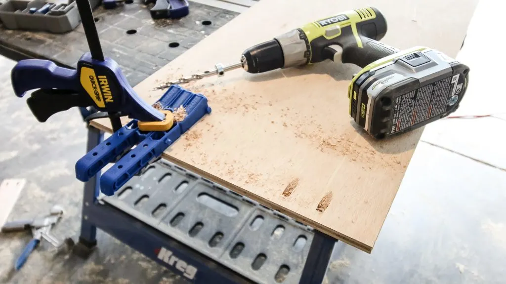 Drilling pocket holes in Montessori toy shelf