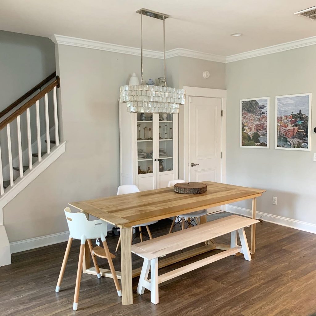 dining room with capiz west elm light fixture