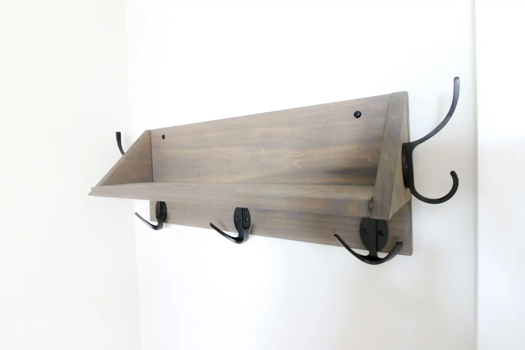 Wooden wall mounted entry shelf with hooks