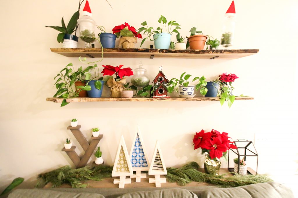 Christmas decor on live edge wood shelves