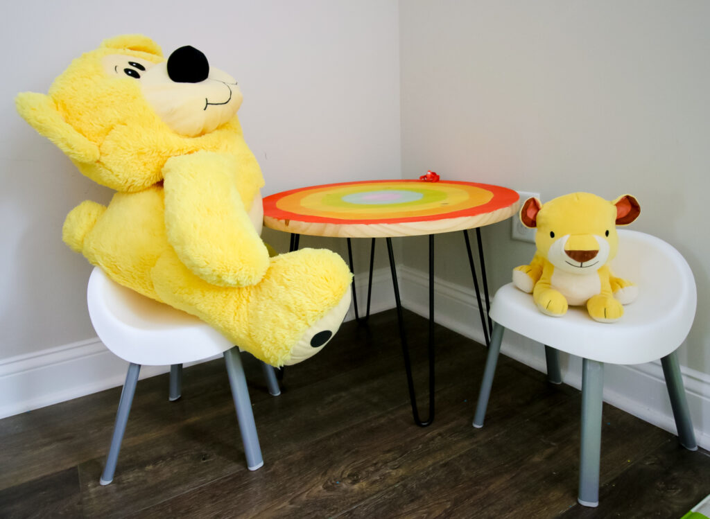 DIY rainbow wood and metal kid's table