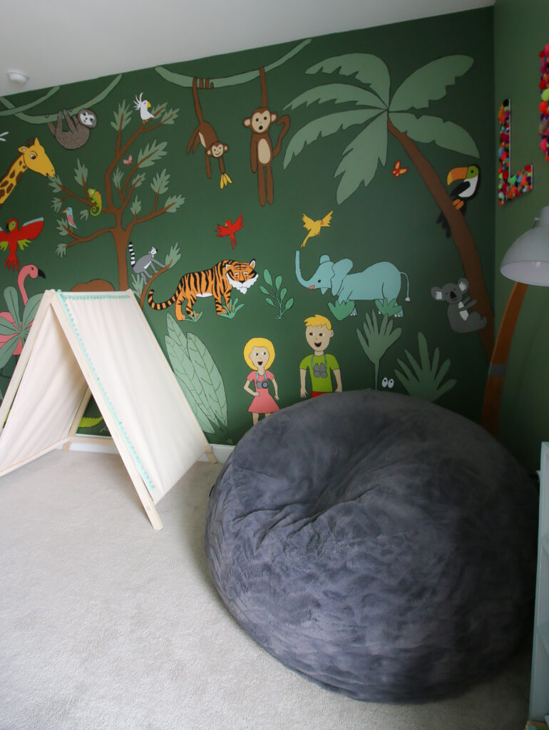 bean bag and jungle mural