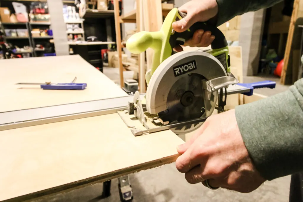 Close up of circular saw with Kreg Straight Edge Guide