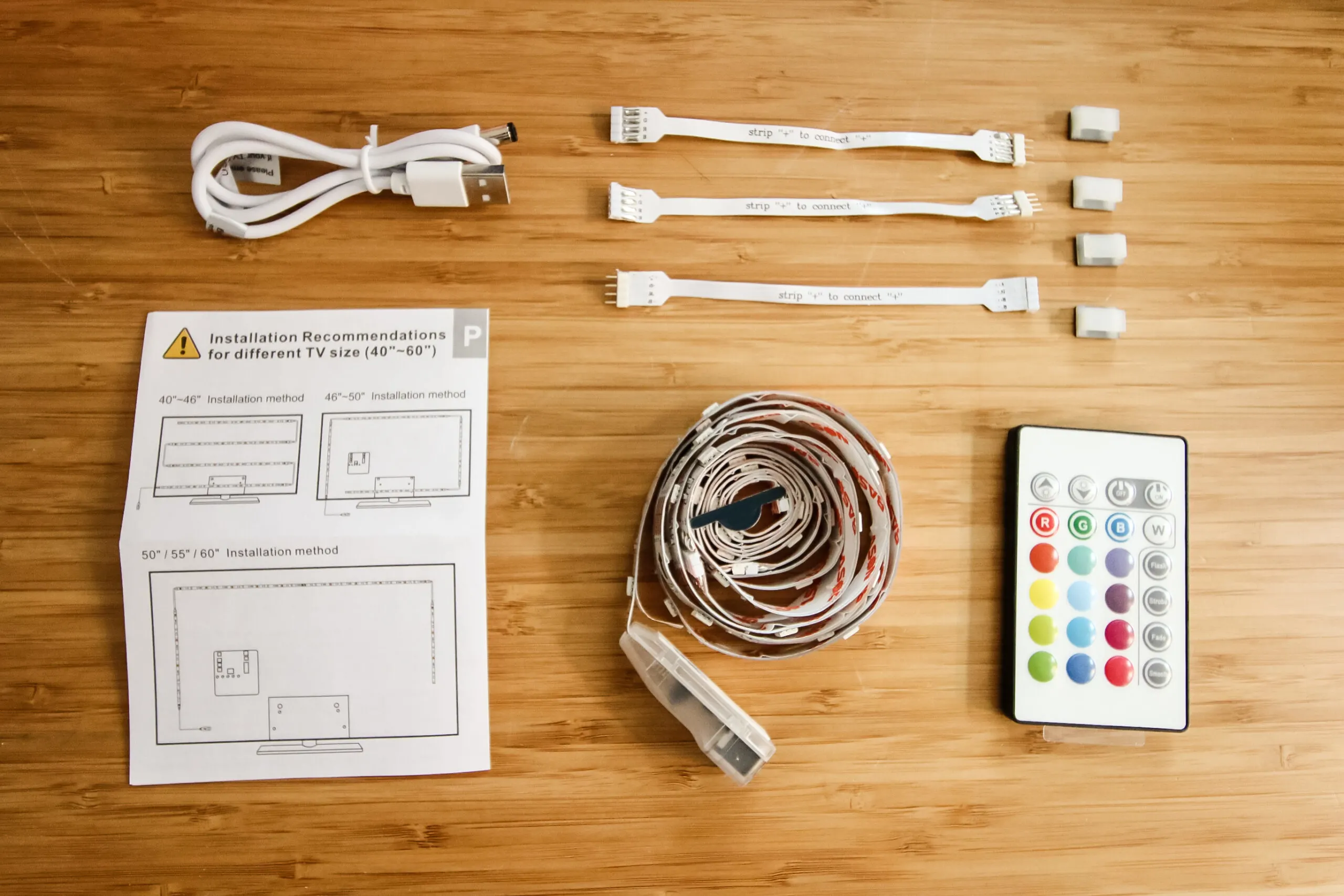 contents of an LED strip light TV kit