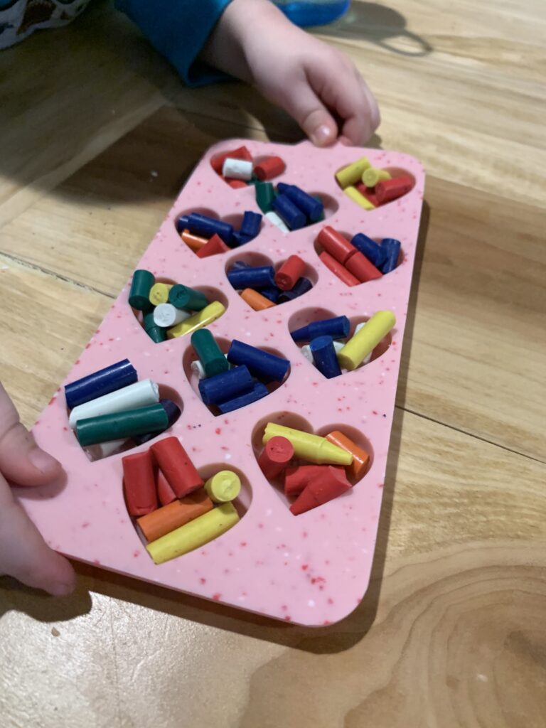 heart shaped silicone mold filled ready to melt crayons
