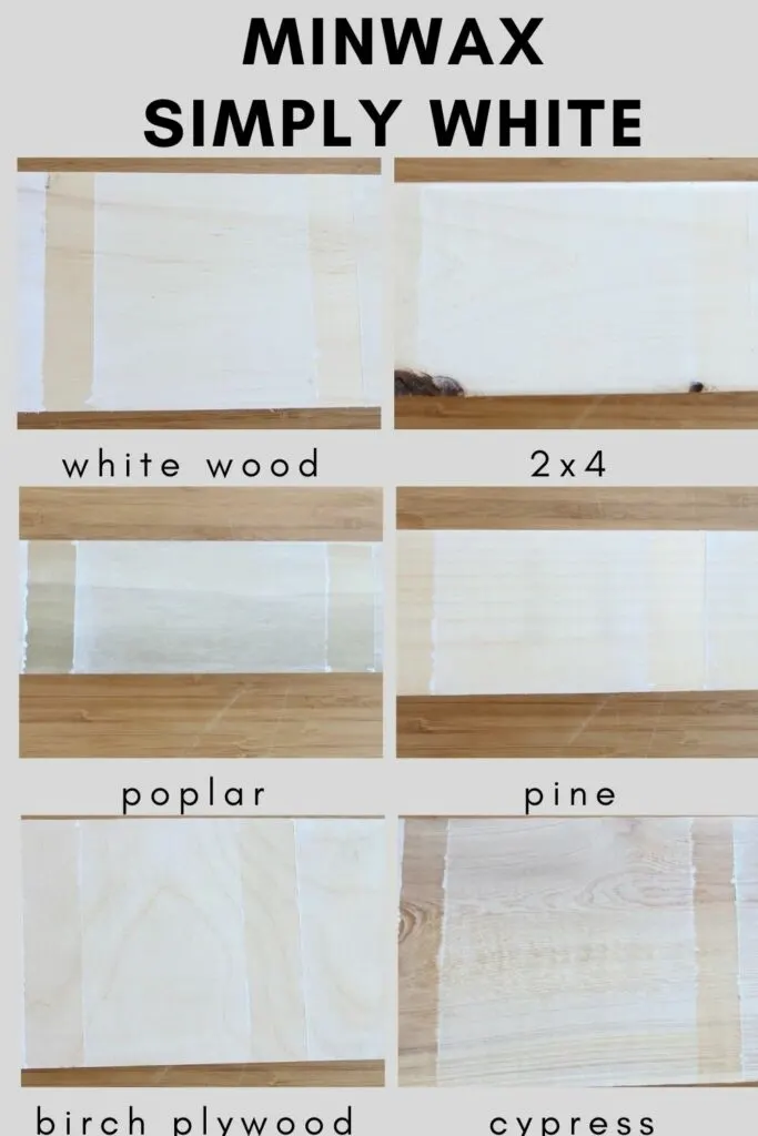 Minwax simply white on different types of wood