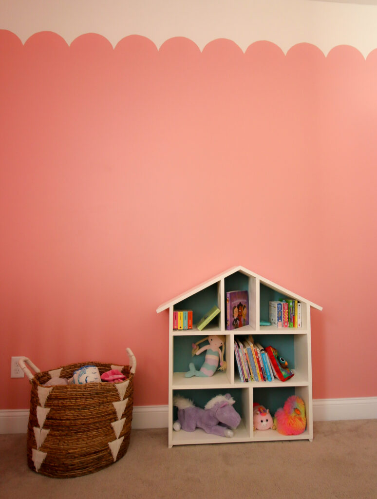 Picture of dollhouse bookshelf with scalloped wall