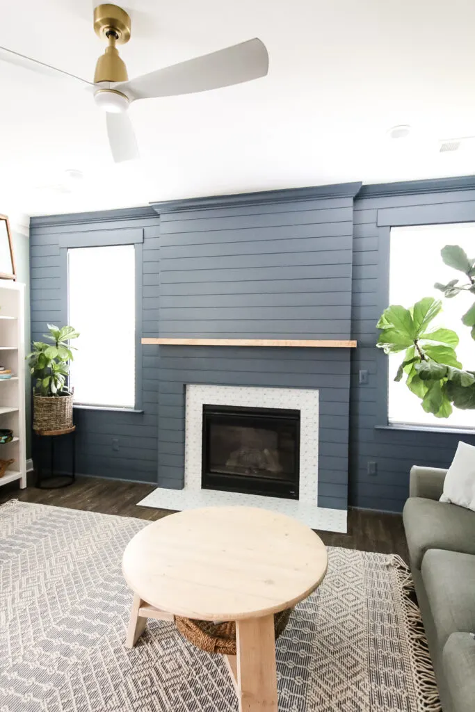 Tall final picture of diy shiplap fireplace and accent wall