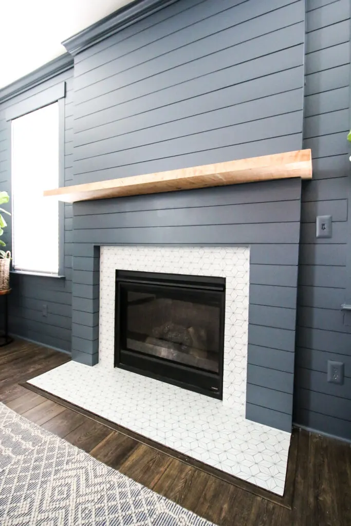 Vertical final picture of shiplap fireplace