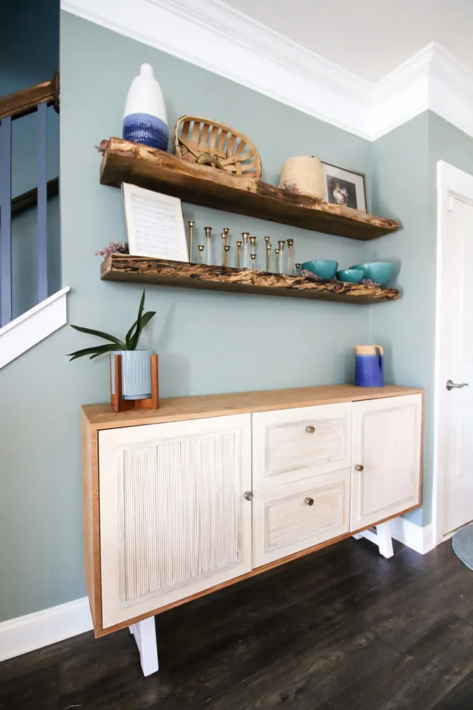 Live edge shelves above buffet table