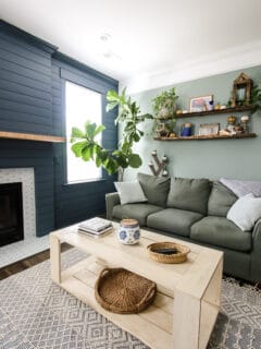 Coffee table with shiplap fireplace