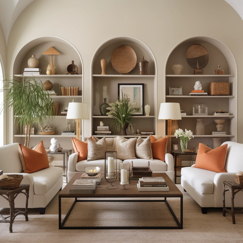 living room with arched bookcase