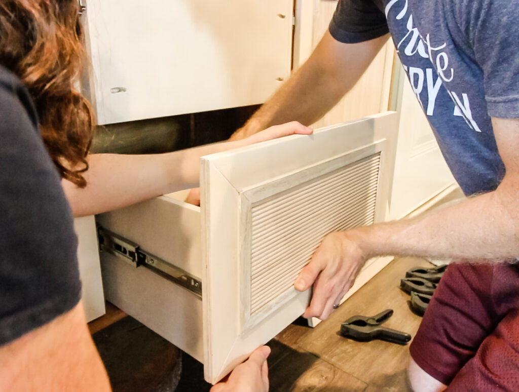 Gluing drawer face to drawer box