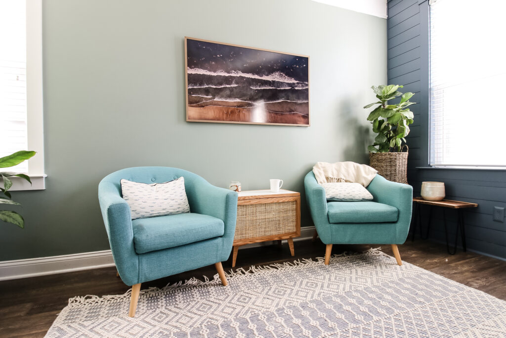 Chairs and TV with side table