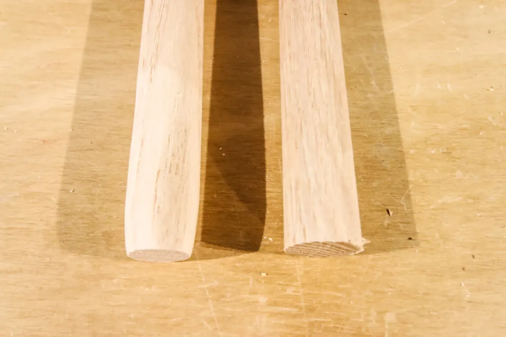 Tapered leg on left with non-tapered dowel on right