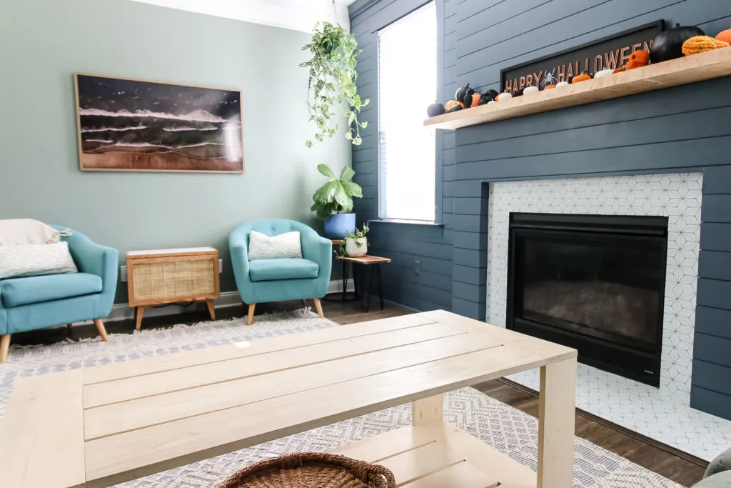 Coffee table with shiplap fireplace