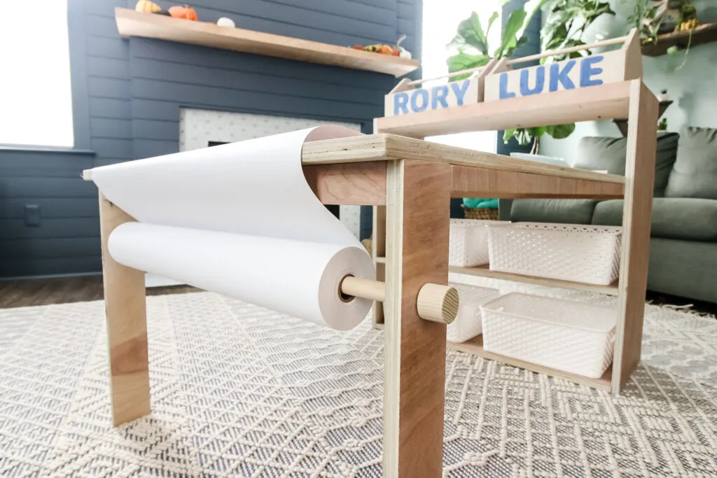 Close up of paper roll on DIY kid's art table