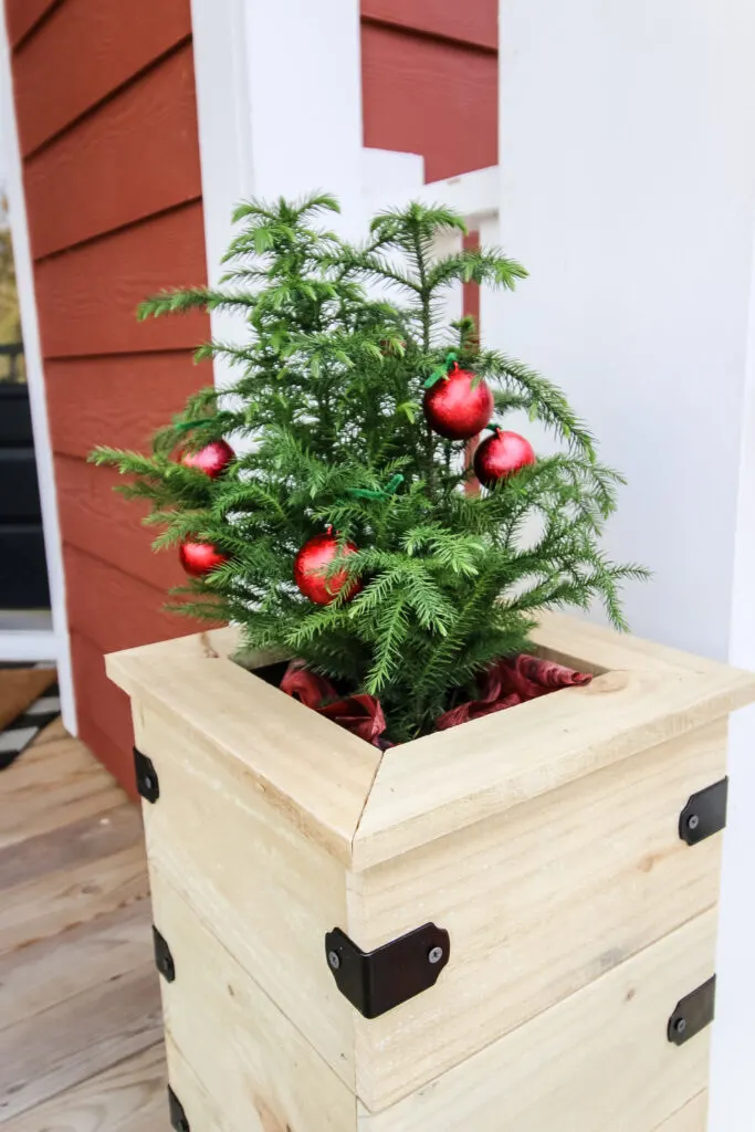 Decorative hardware on mini Christmas tree planter