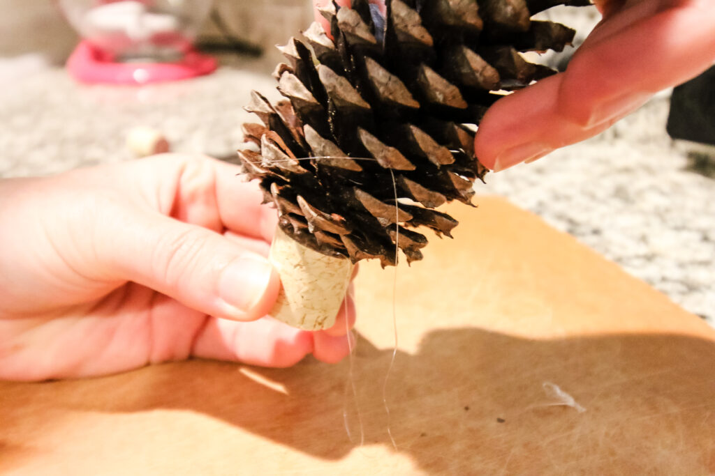 gluing a pine cone to a cork